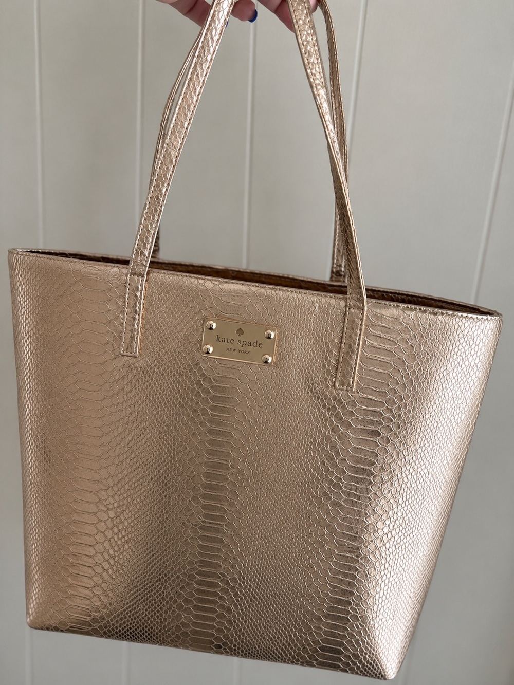 kate spade rose gold metallic tote with textured snakeskin